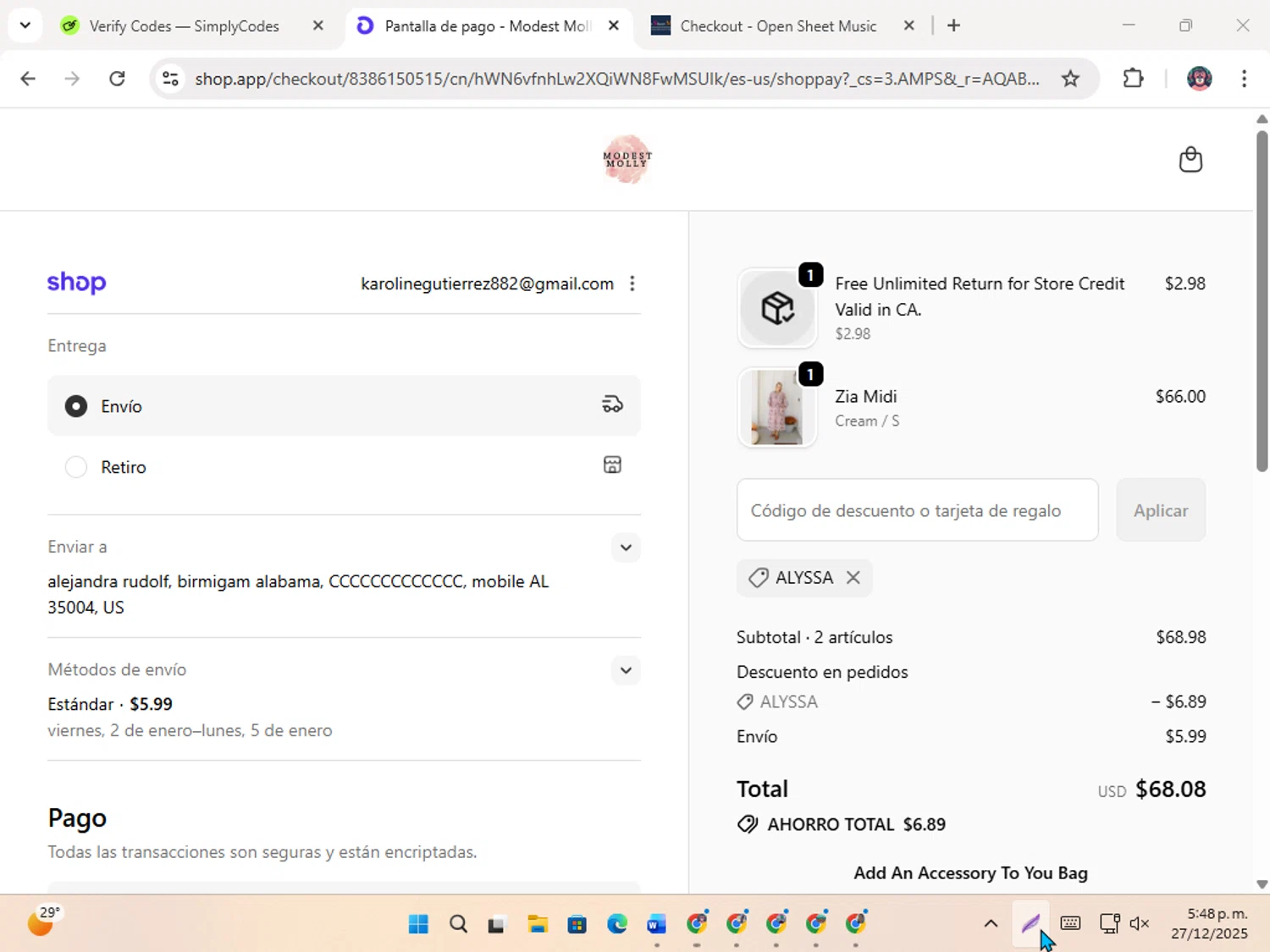 Modest Molly discount code screenshot showing code ALYSSA applied at Modest Molly checkout page. Uploaded by SimplyCodes community member karoline on Dec 27, 2025