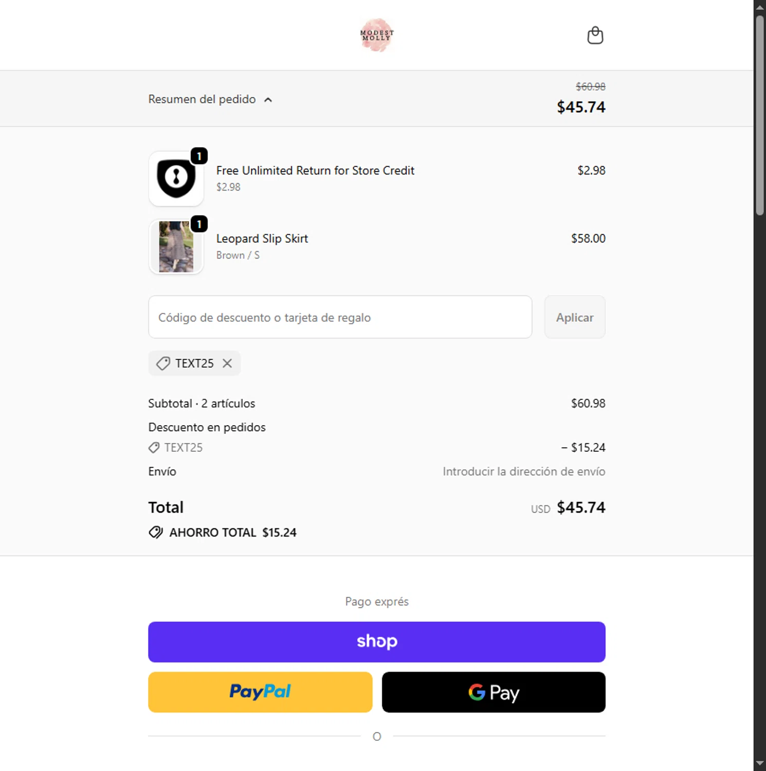 Modest Molly discount code screenshot showing code Text25 applied at Modest Molly checkout page. Uploaded by SimplyCodes community member Alejandra10 on Oct 10, 2025