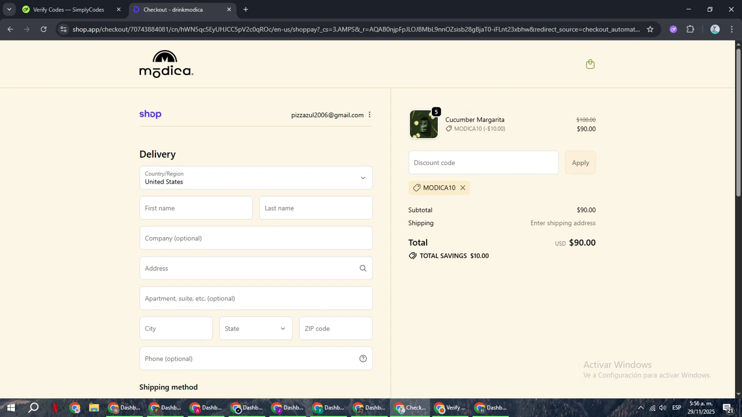 Modica promo code screenshot showing code MODICA10 applied at Modica checkout page. Uploaded by SimplyCodes community member ShrewdSeeker6165 on Nov 29, 2025
