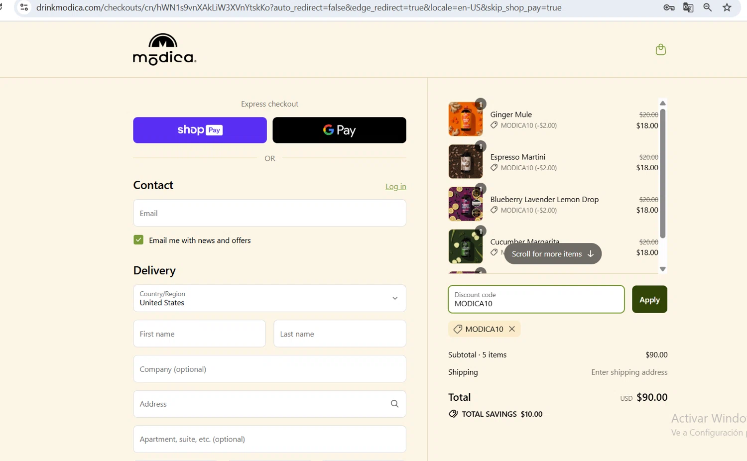 Modica promo code screenshot showing code MODICA10 applied at Modica checkout page. Uploaded by SimplyCodes community member arelismejia1 on Aug 16, 2025