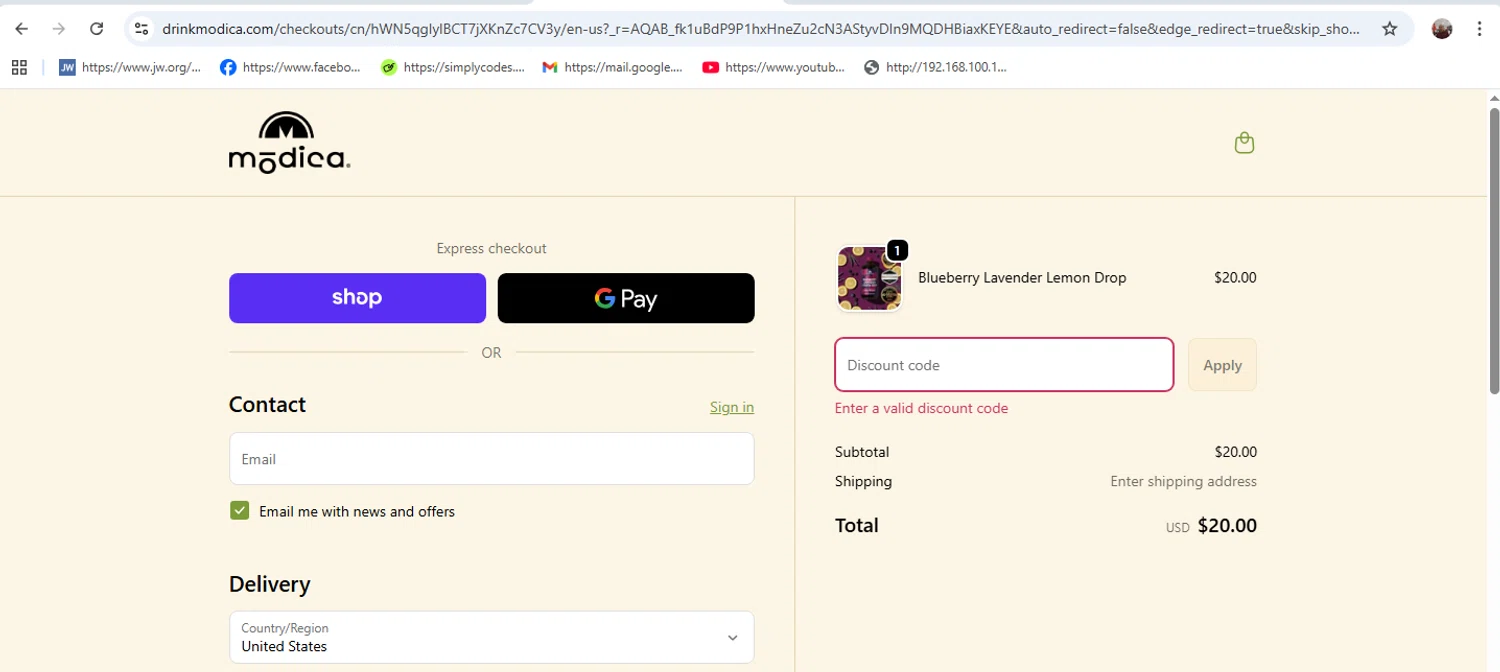 Modica promo code screenshot showing code FIRSTDRINK15 applied at Modica checkout page. Uploaded by SimplyCodes community member Zaphanet on Nov 29, 2025