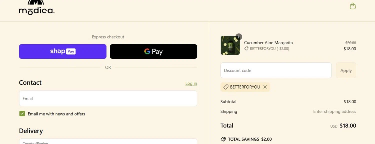 Modica promo code screenshot showing code BETTERFORYOU applied at Modica checkout page. Uploaded by SimplyCodes community member Olorinnnnn on May 4, 2025
