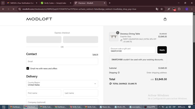 Modloft checkout page showing Modloft discount code box | Screenshot taken by SimplyCodes community member on Sep 4, 2025