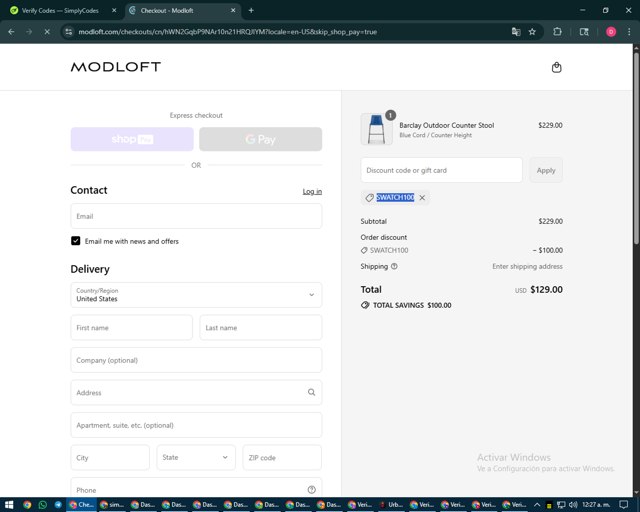 Modloft checkout page showing Modloft discount code box | Screenshot taken by SimplyCodes community member on Aug 27, 2025