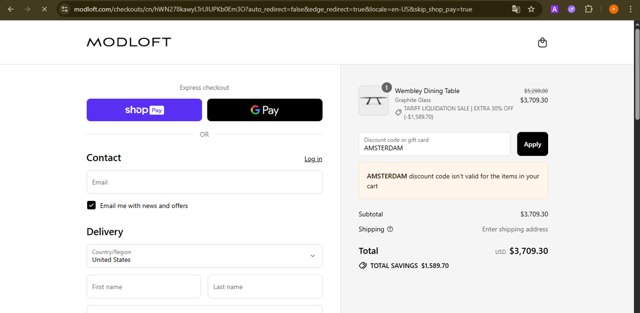 Modloft checkout page showing Modloft discount code box | Screenshot taken by SimplyCodes community member on Aug 23, 2025