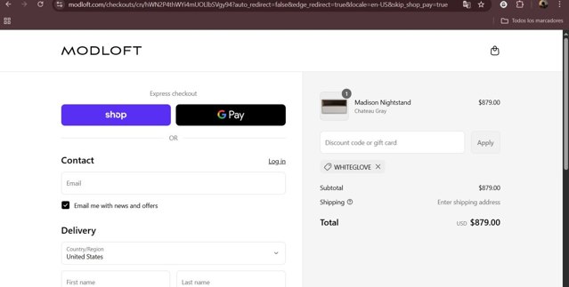 Modloft checkout page showing Modloft discount code box | Screenshot taken by SimplyCodes community member on Aug 30, 2025