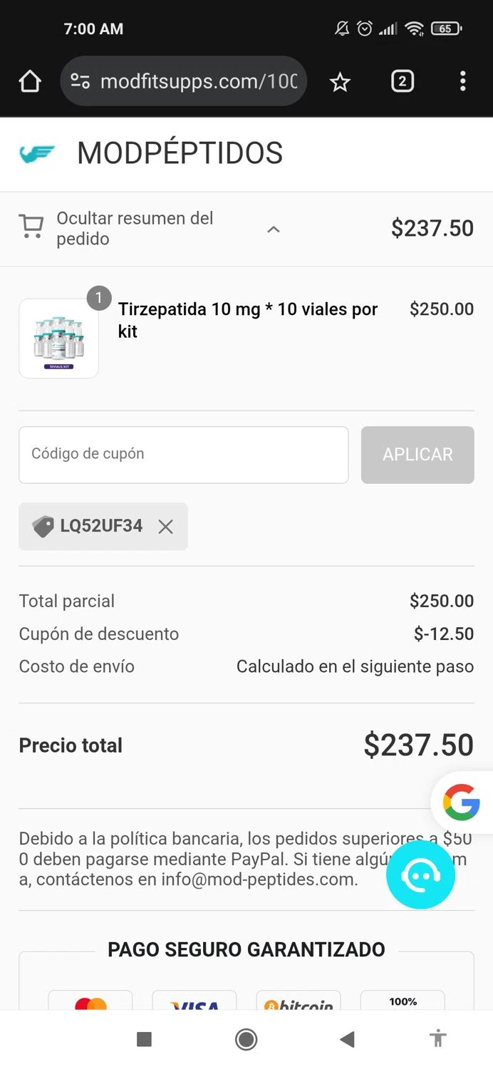 MODPeptides promo code screenshot showing code LQ52UF34 applied at MODPeptides checkout page. Uploaded by SimplyCodes community member Mujerdejunnior on Jun 18, 2025