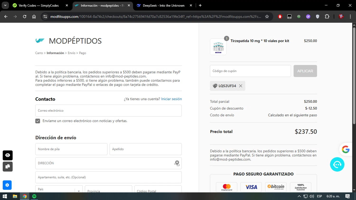 MODPeptides promo code screenshot showing code LQ52UF34 applied at MODPeptides checkout page. Uploaded by SimplyCodes community member verify_codes on May 20, 2025