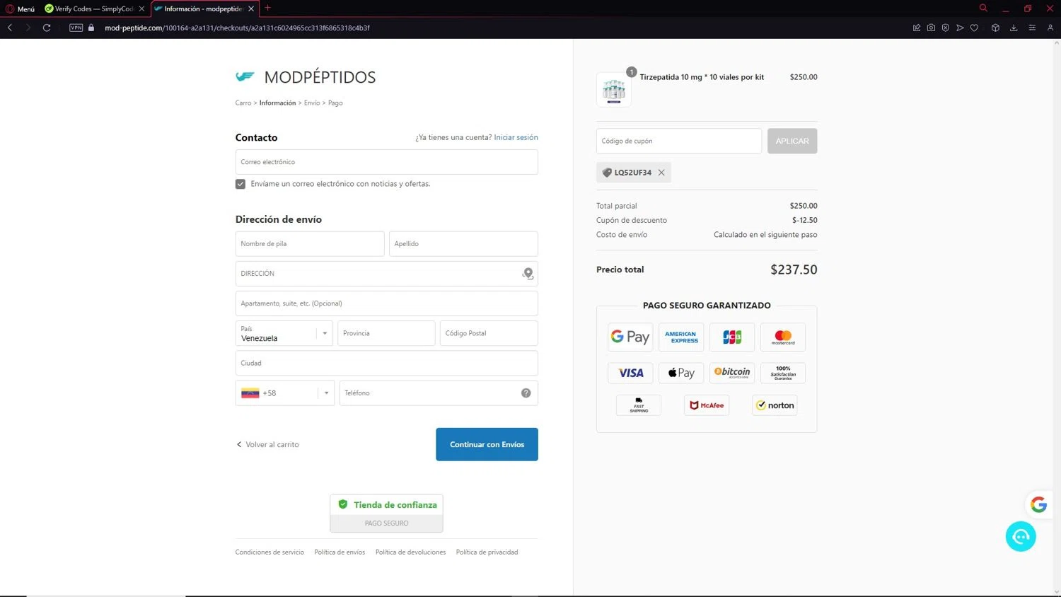 MODPeptides promo code screenshot showing code LQ52UF34 applied at MODPeptides checkout page. Uploaded by SimplyCodes community member LegendarySeeker3956 on Apr 21, 2025