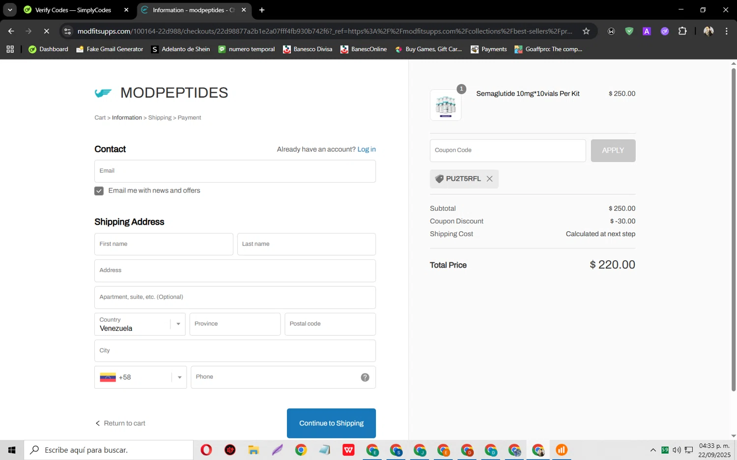 MODPeptides promo code screenshot showing code PU2T5RFL applied at MODPeptides checkout page. Uploaded by SimplyCodes community member jeysosmoore on Sep 22, 2025