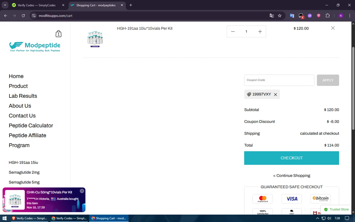 MODPeptides promo code screenshot showing code 19997VXY applied at MODPeptides checkout page. Uploaded by SimplyCodes community member ShieldElite2370 on Nov 16, 2025