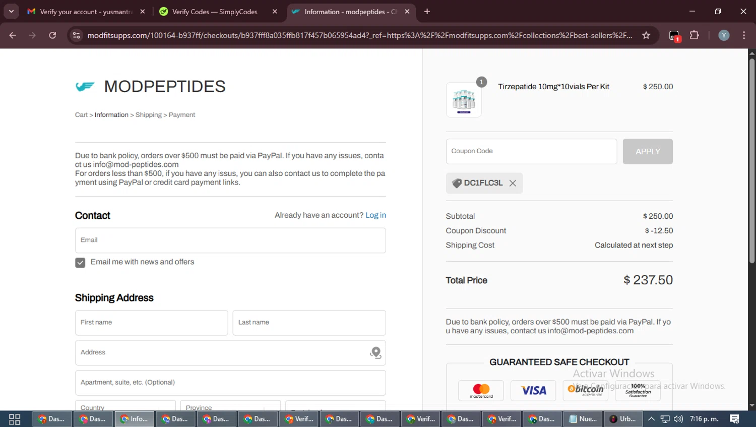 MODPeptides promo code screenshot showing code DC1FLC3L applied at MODPeptides checkout page. Uploaded by SimplyCodes community member MoneyTiger5162 on Nov 25, 2025