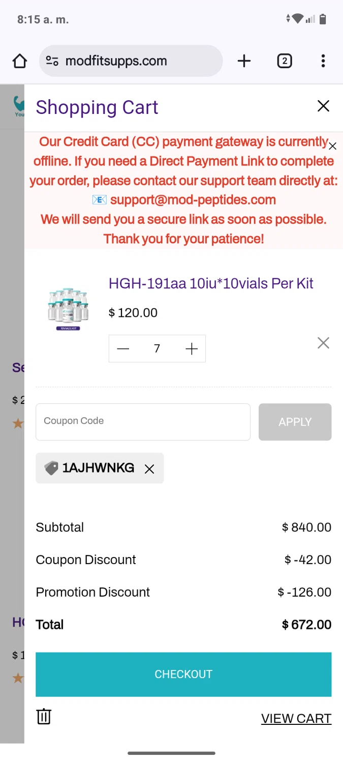 MODPeptides checkout page showing MODPeptides promo code box | Screenshot taken by SimplyCodes community member on Feb 10, 2026