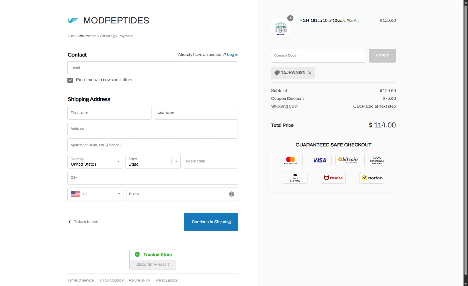 MODPeptides checkout page showing MODPeptides promo code box | Screenshot taken by SimplyCodes community member on Feb 10, 2026