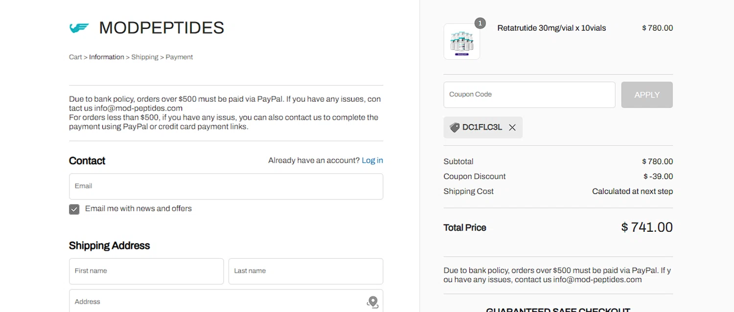 MODPeptides promo code screenshot showing code DC1FLC3L applied at MODPeptides checkout page. Uploaded by SimplyCodes community member Notengonombre on Nov 19, 2025