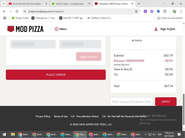 MOD Pizza checkout page showing MOD Pizza promo code box | Screenshot taken by SimplyCodes community member on Jul 20, 2025