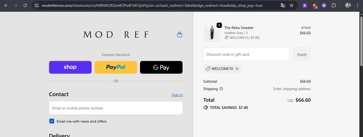 Mod Ref discount code screenshot showing code WELCOME10 applied at Mod Ref checkout page. Uploaded by SimplyCodes community member BrilliantFox7966 on Oct 23, 2025