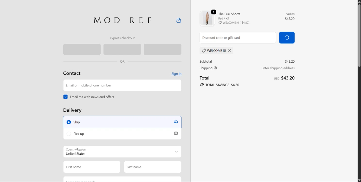 Mod Ref checkout page showing Mod Ref discount code box | Screenshot taken by SimplyCodes community member on Feb 5, 2026