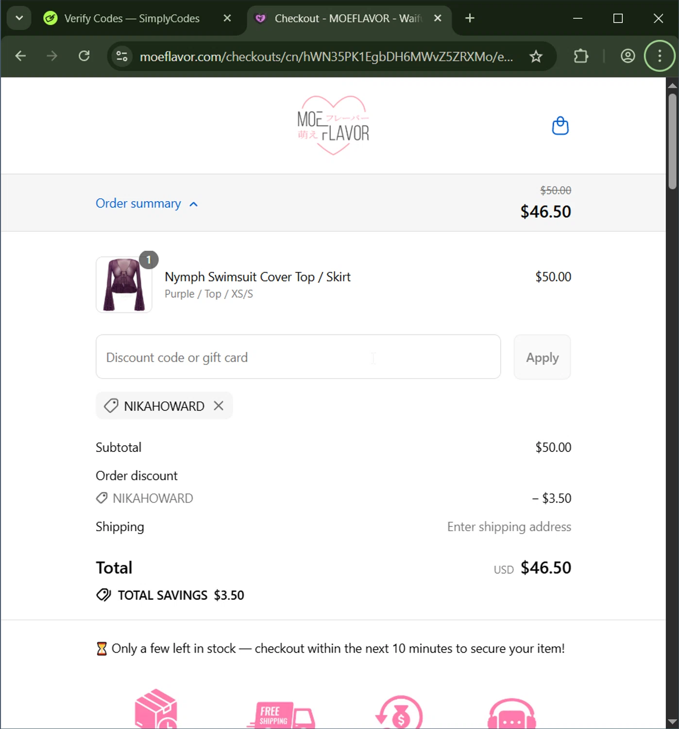 MOEFLAVOR discount code screenshot showing code NIKAHOWARD applied at MOEFLAVOR checkout page. Uploaded by SimplyCodes community member CashWizard4502 on Sep 17, 2025