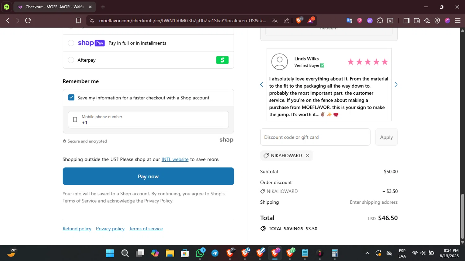MOEFLAVOR discount code screenshot showing code NIKAHOWARD applied at MOEFLAVOR checkout page. Uploaded by SimplyCodes community member PennyMaverick9741 on Aug 14, 2025