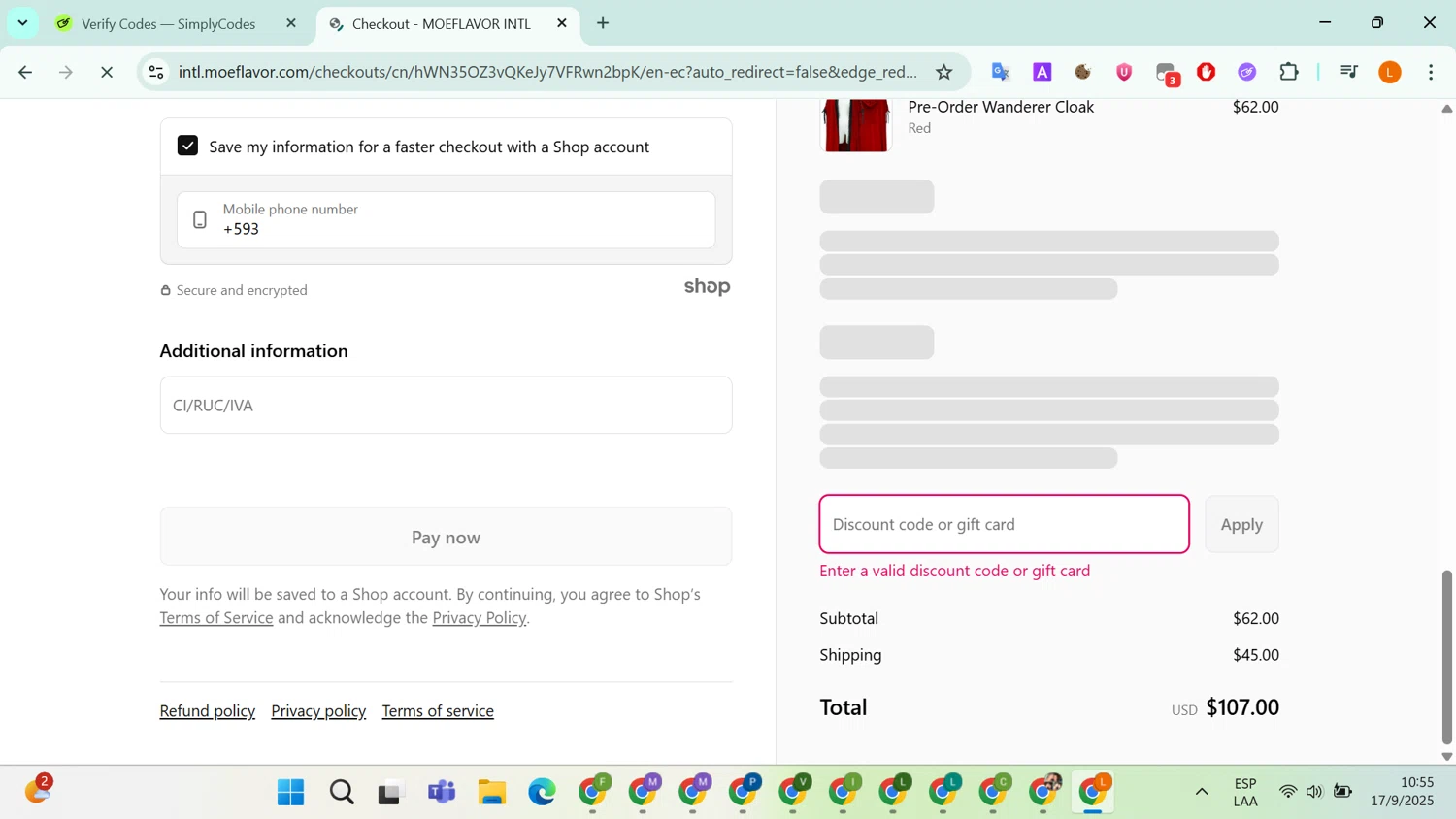 MOEFLAVOR discount code screenshot showing code NIKAHOWARD applied at MOEFLAVOR checkout page. Uploaded by SimplyCodes community member RebateLegend8934 on Sep 17, 2025