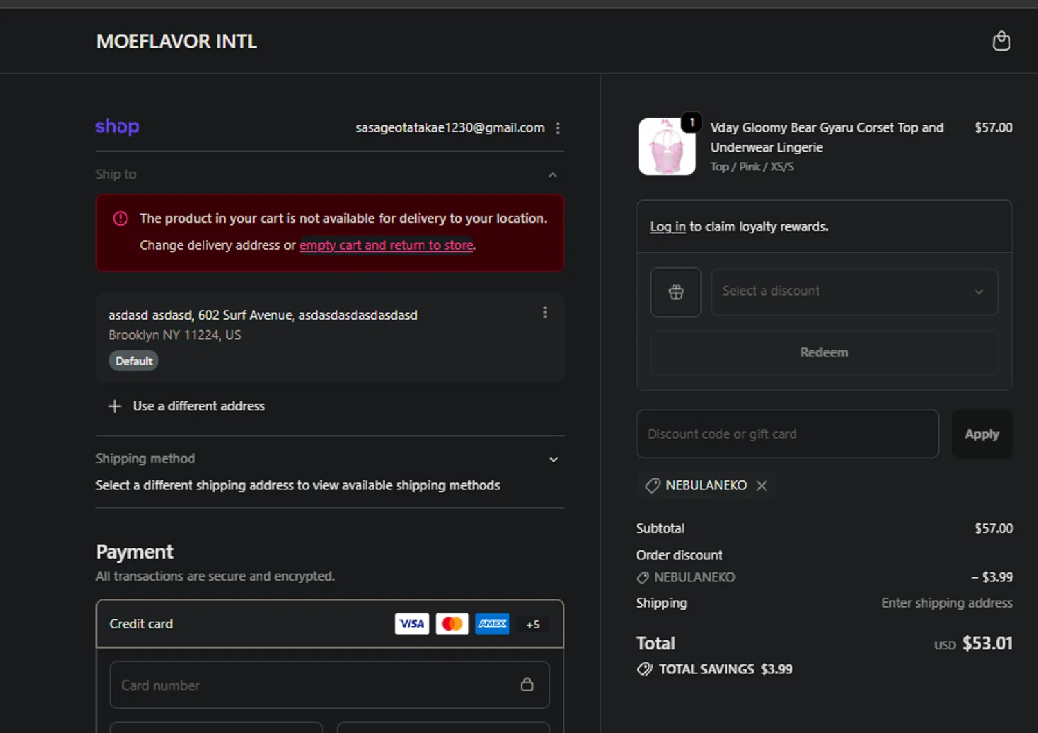 MOEFLAVOR checkout page showing MOEFLAVOR discount code box | Screenshot taken by SimplyCodes community member on Feb 6, 2026