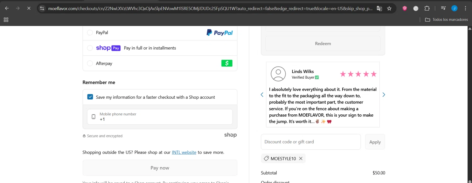 MOEFLAVOR discount code screenshot showing code MOESTYLE10 applied at MOEFLAVOR checkout page. Uploaded by SimplyCodes community member Jeanjc on Jul 5, 2025