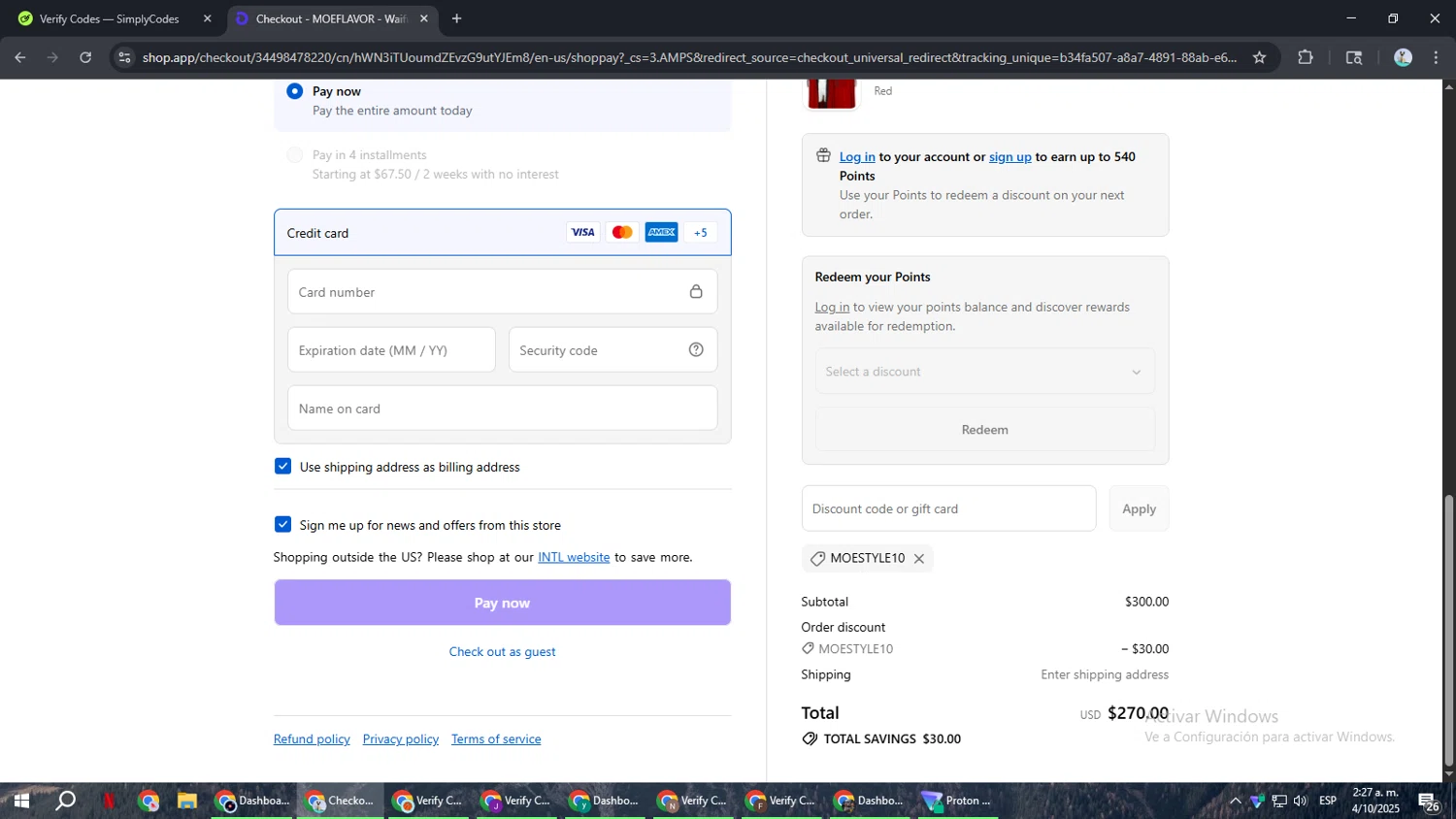 MOEFLAVOR discount code screenshot showing code MOESTYLE10 applied at MOEFLAVOR checkout page. Uploaded by SimplyCodes community member ShrewdSeeker6165 on Oct 4, 2025