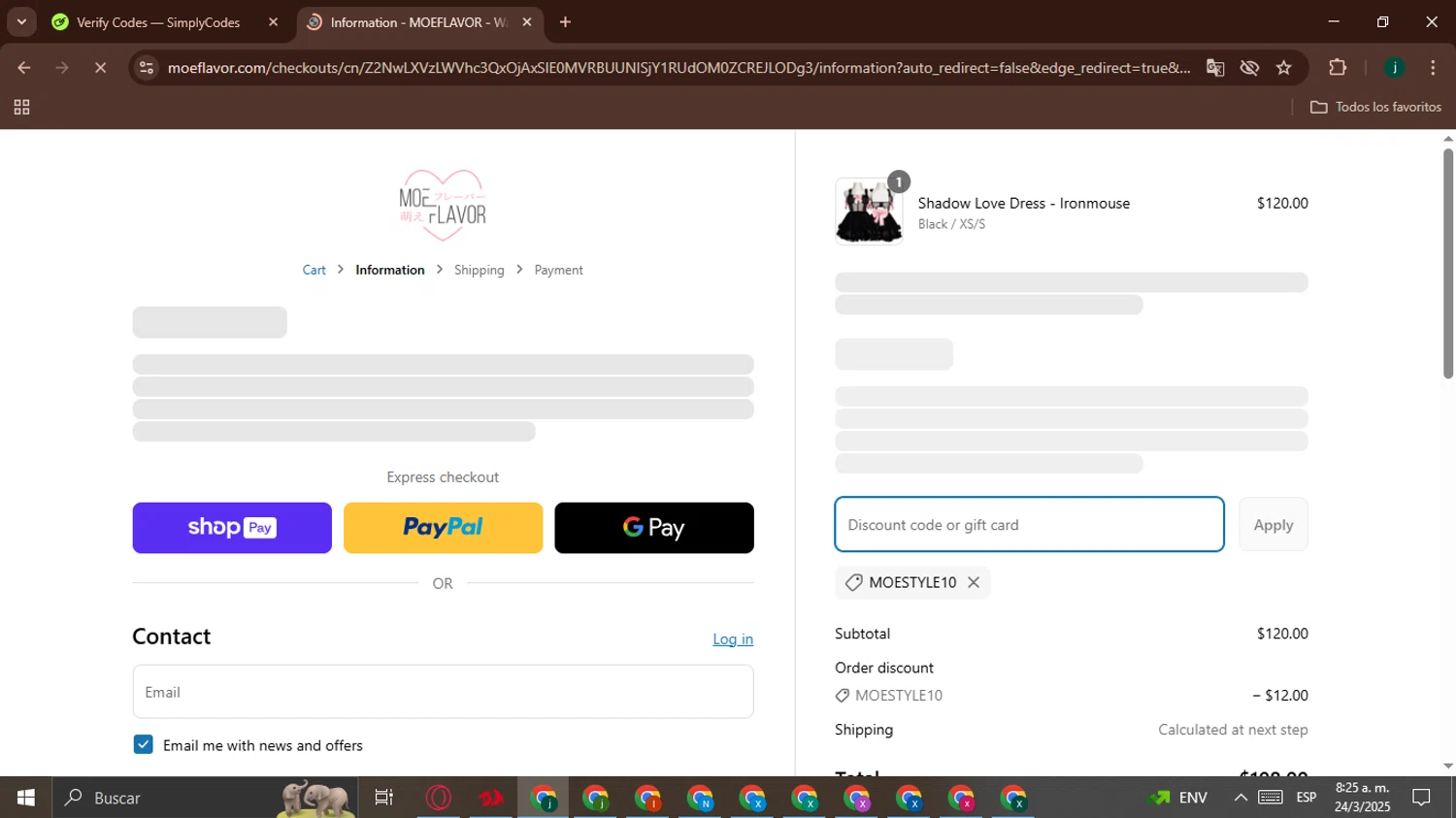 MOEFLAVOR discount code screenshot showing code MOESTYLE10 applied at MOEFLAVOR checkout page. Uploaded by SimplyCodes community member BargainHunter8488 on Mar 24, 2025