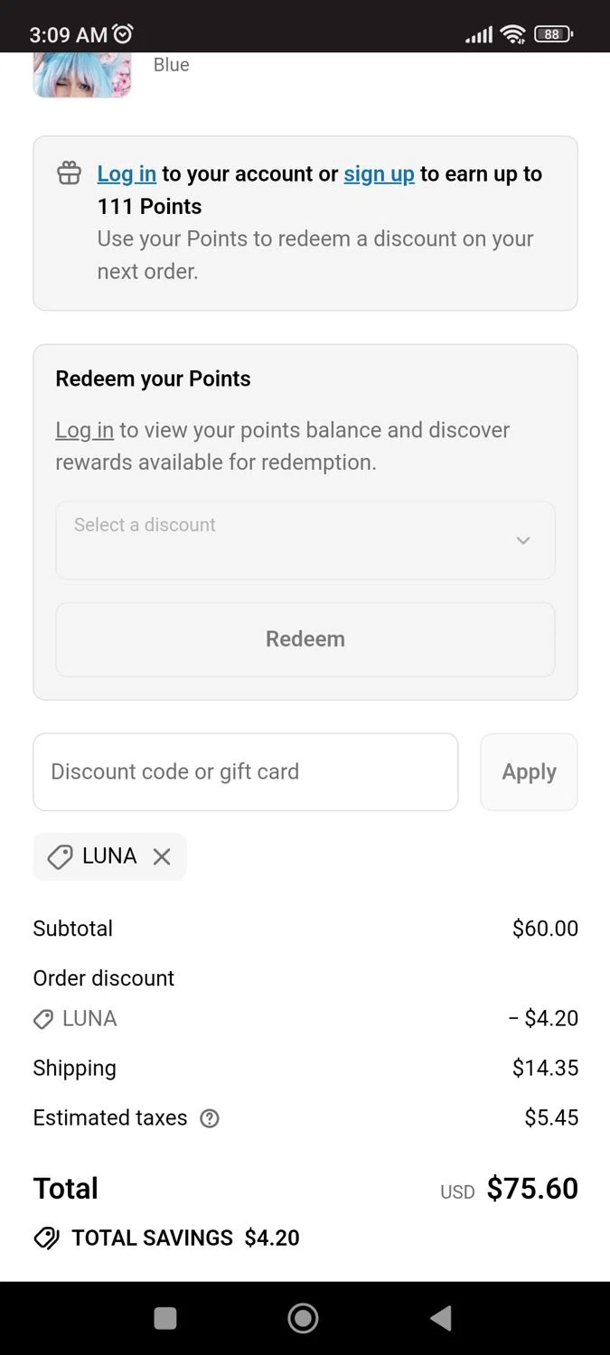 MOEFLAVOR discount code screenshot showing code LUNA applied at MOEFLAVOR checkout page. Uploaded by SimplyCodes community member CrownLion2750 on Jul 28, 2025