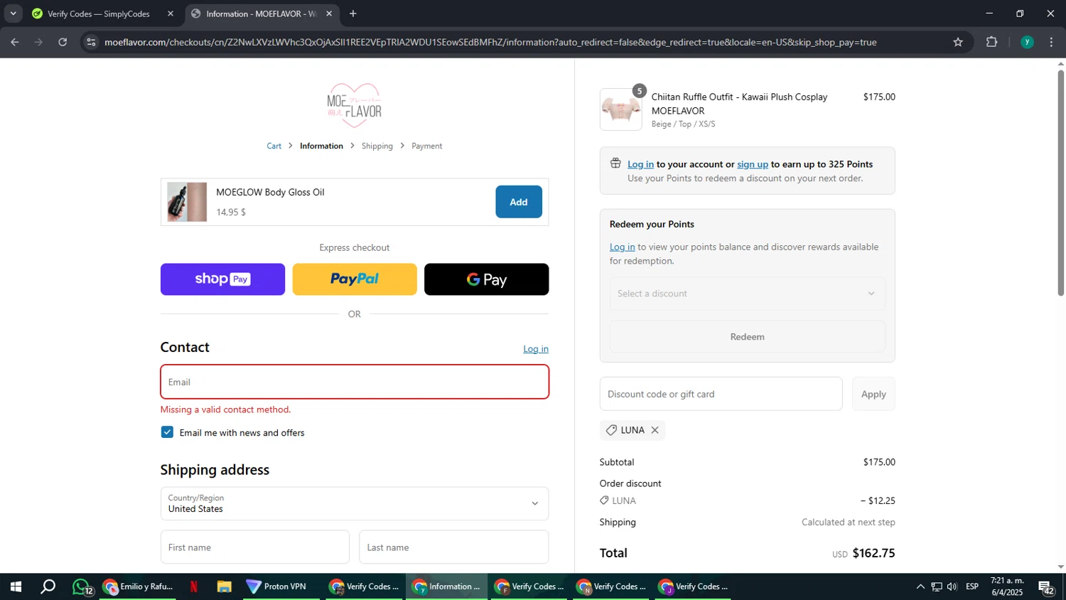 MOEFLAVOR discount code screenshot showing code LUNA applied at MOEFLAVOR checkout page. Uploaded by SimplyCodes community member FrugalCaptain6906 on Apr 6, 2025