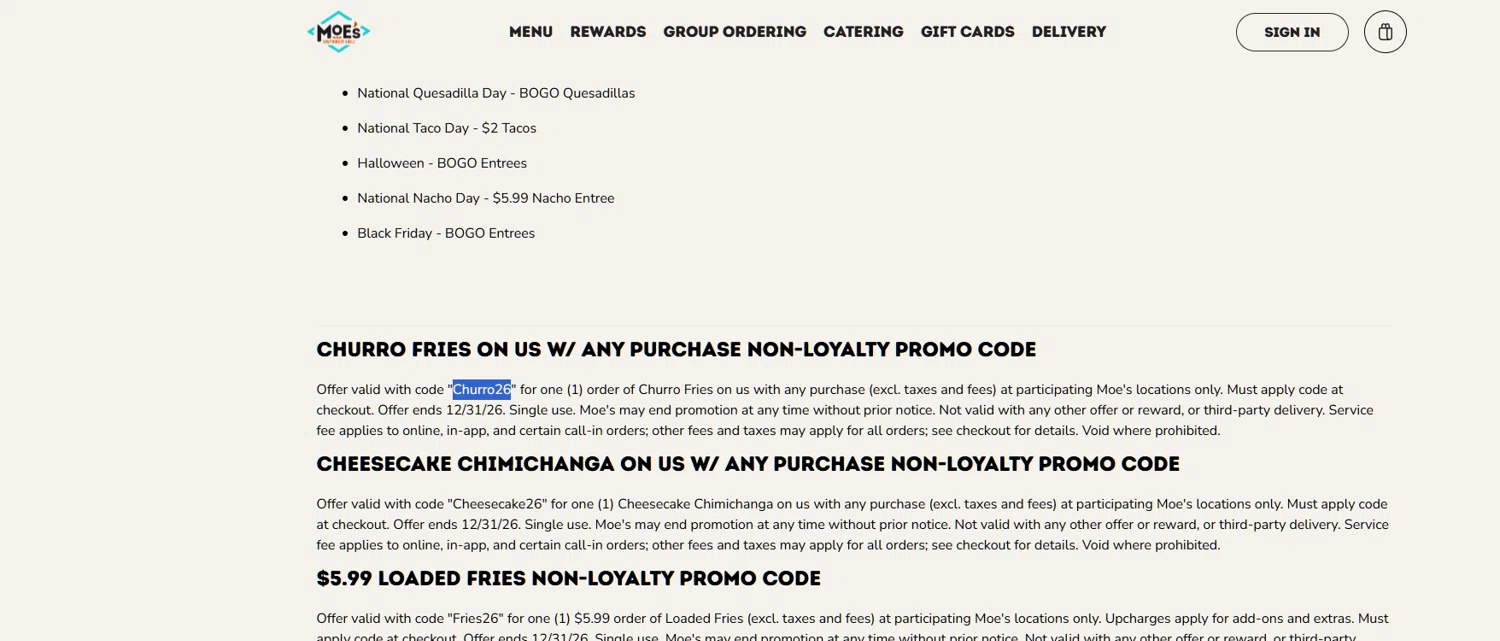 Moe's Southwest Grill promo code screenshot showing code Churro26 applied at Moe's Southwest Grill checkout page. Uploaded by SimplyCodes community member Dejadepicharme on Jun 5, 2026