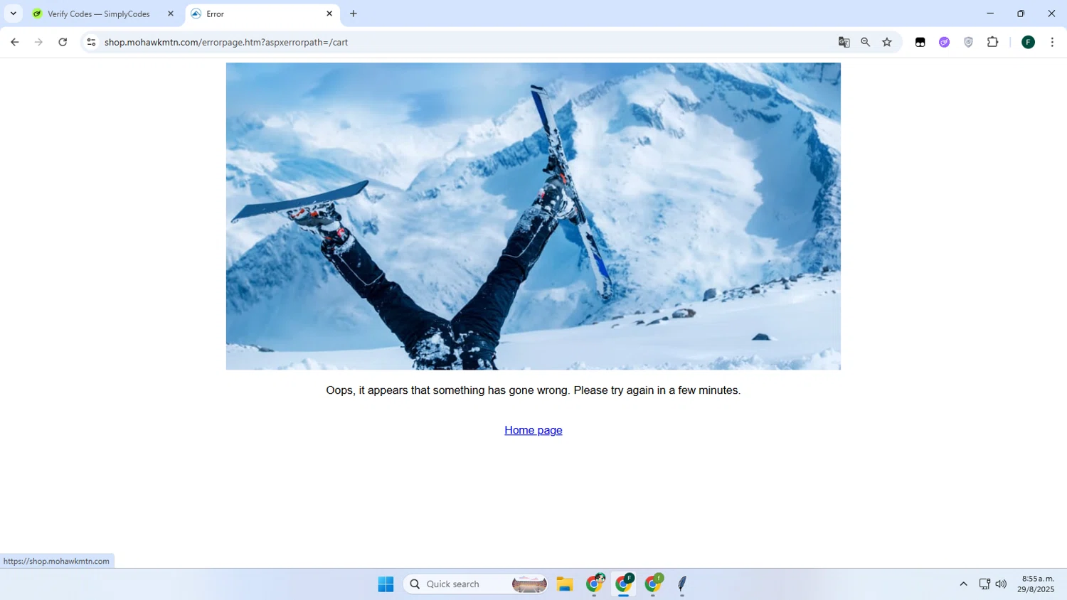 Mohawk Mountain Ski Area promo code screenshot showing code 25/26 applied at Mohawk Mountain Ski Area checkout page. Uploaded by SimplyCodes community member Juanse on Aug 29, 2025