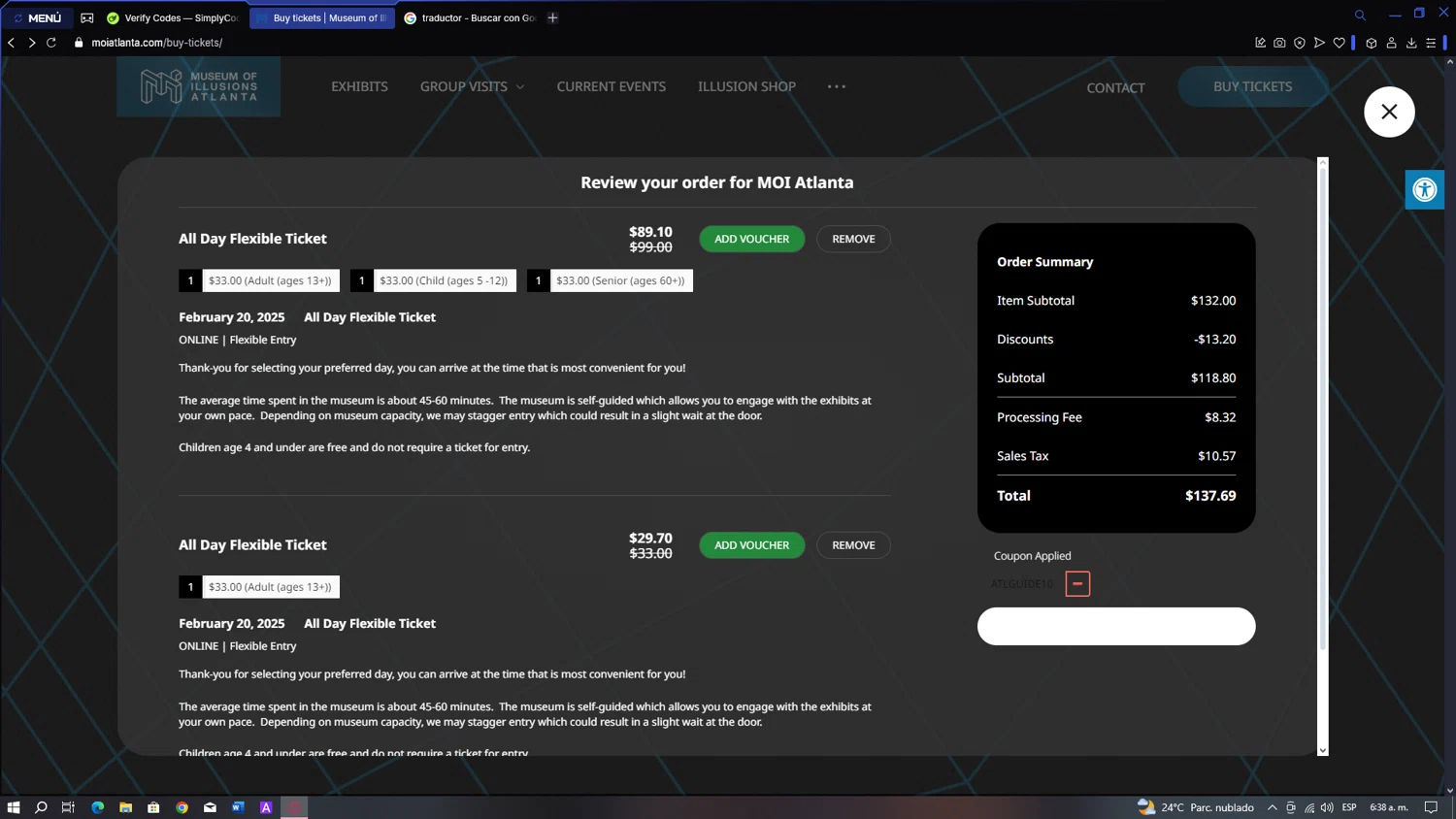 Museum of Illusions Atlanta checkout page showing Museum of Illusions Atlanta promo code box | Screenshot taken by SimplyCodes community member on Feb 20, 2025