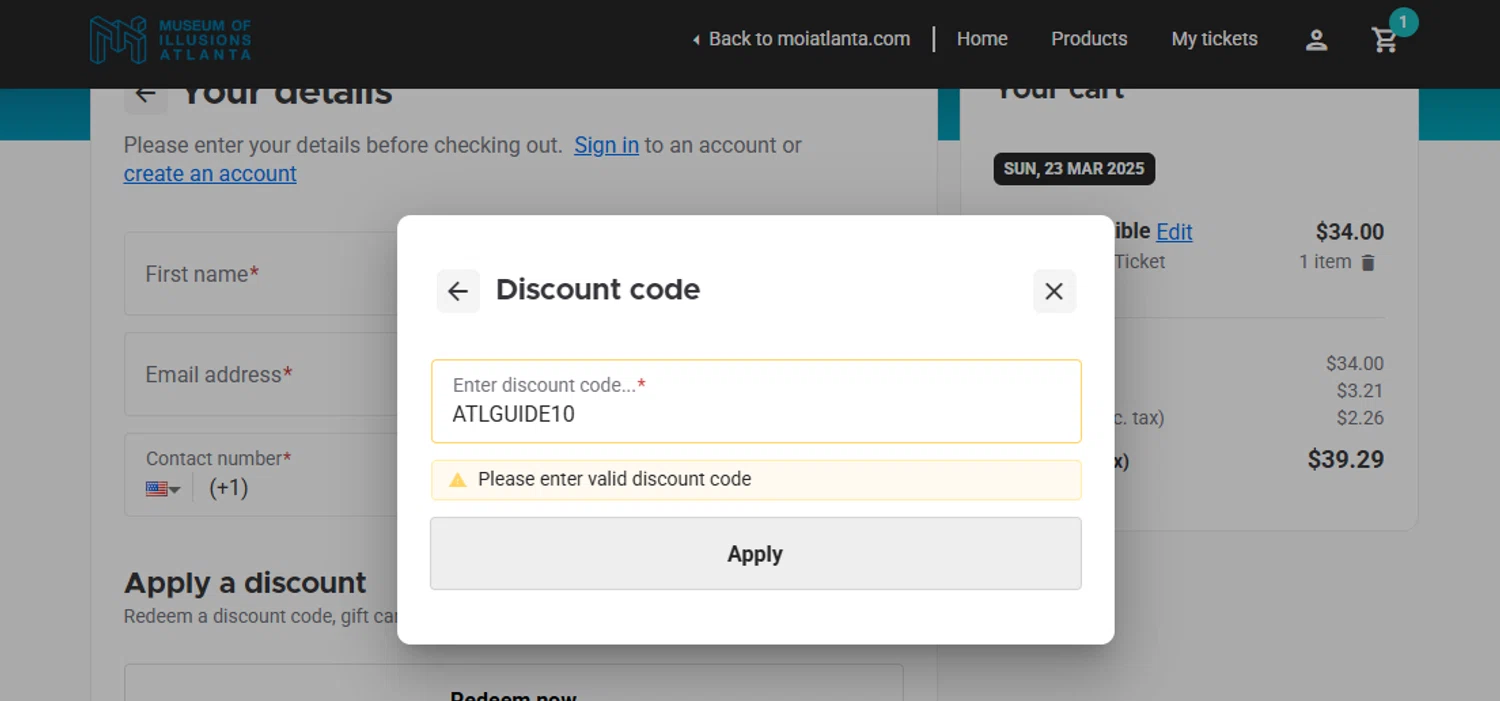 Museum of Illusions Atlanta promo code screenshot showing code ATLGUIDE10 applied at Museum of Illusions Atlanta checkout page. Uploaded by SimplyCodes community member Eminem on Mar 21, 2025