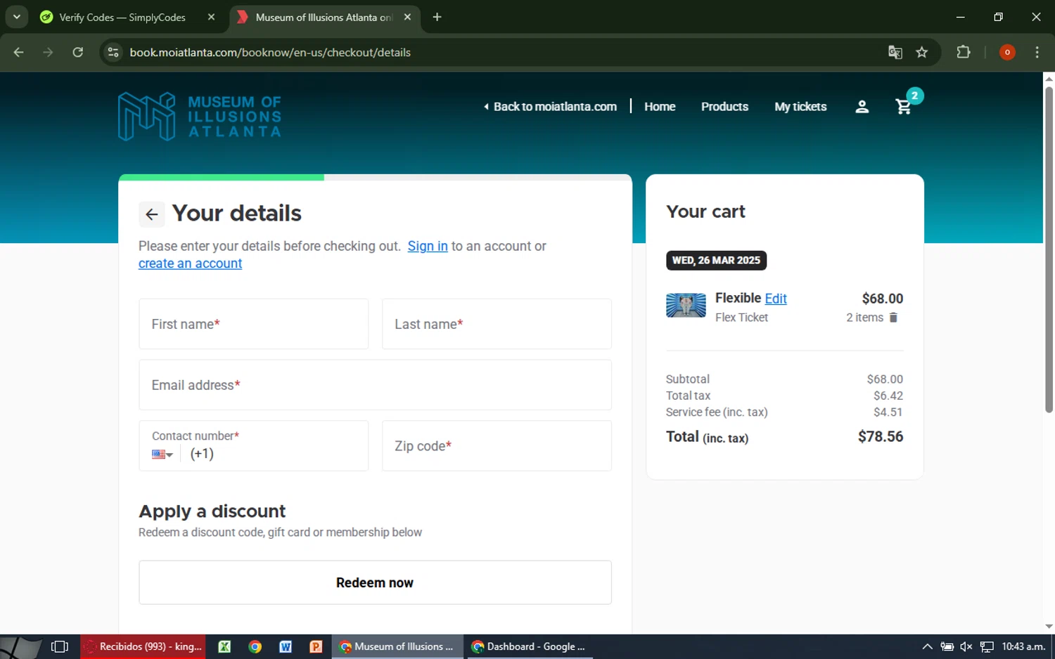 Museum of Illusions Atlanta promo code screenshot showing code ATLGUIDE10 applied at Museum of Illusions Atlanta checkout page. Uploaded by SimplyCodes community member CashAdmiral6490 on Mar 21, 2025