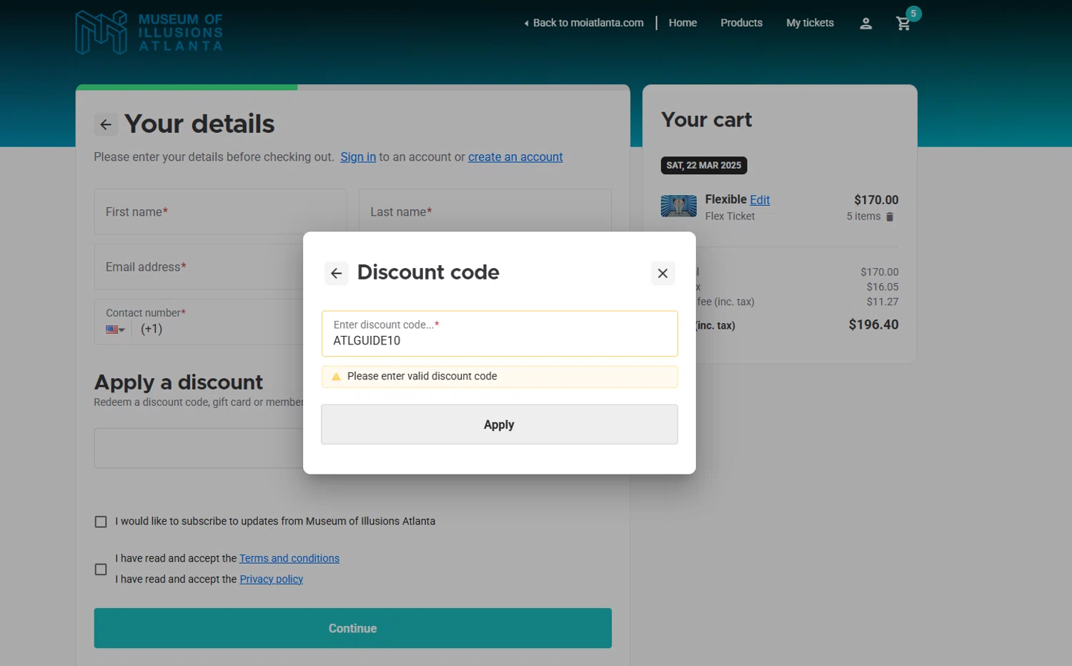 Museum of Illusions Atlanta promo code screenshot showing code ATLGUIDE10 applied at Museum of Illusions Atlanta checkout page. Uploaded by SimplyCodes community member yolimararteaga1 on Mar 21, 2025