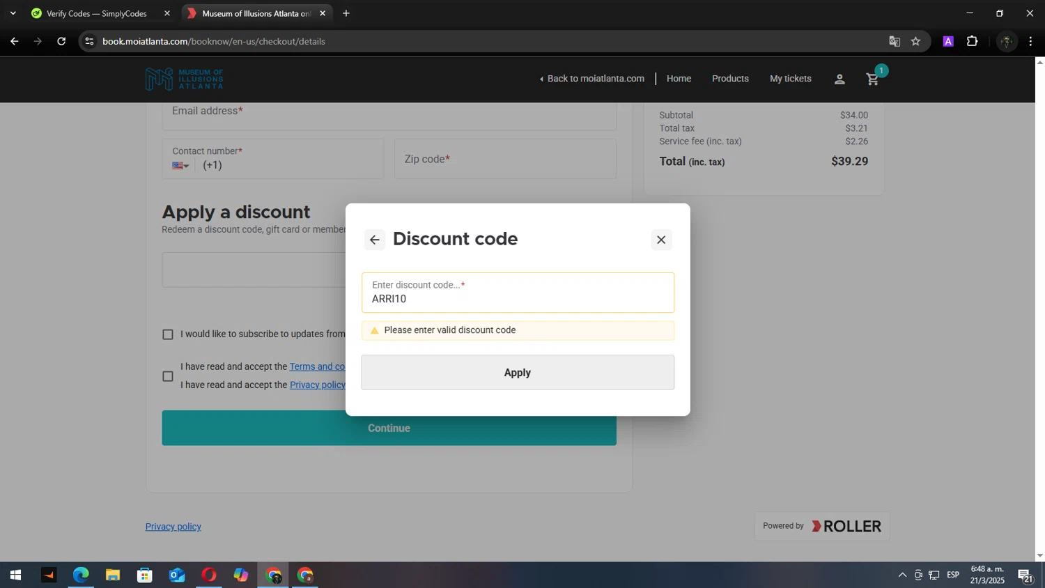 Museum of Illusions Atlanta promo code screenshot showing code ARRI10 applied at Museum of Illusions Atlanta checkout page. Uploaded by SimplyCodes community member Andy2323 on Mar 21, 2025