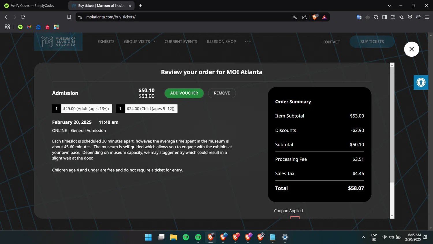 Museum of Illusions Atlanta checkout page showing Museum of Illusions Atlanta promo code box | Screenshot taken by SimplyCodes community member on Feb 20, 2025