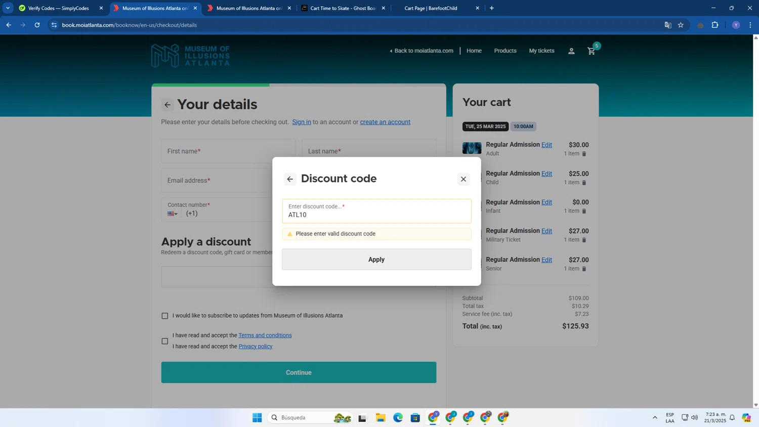 Museum of Illusions Atlanta promo code screenshot showing code ATL10 applied at Museum of Illusions Atlanta checkout page. Uploaded by SimplyCodes community member LiaGGG on Mar 21, 2025