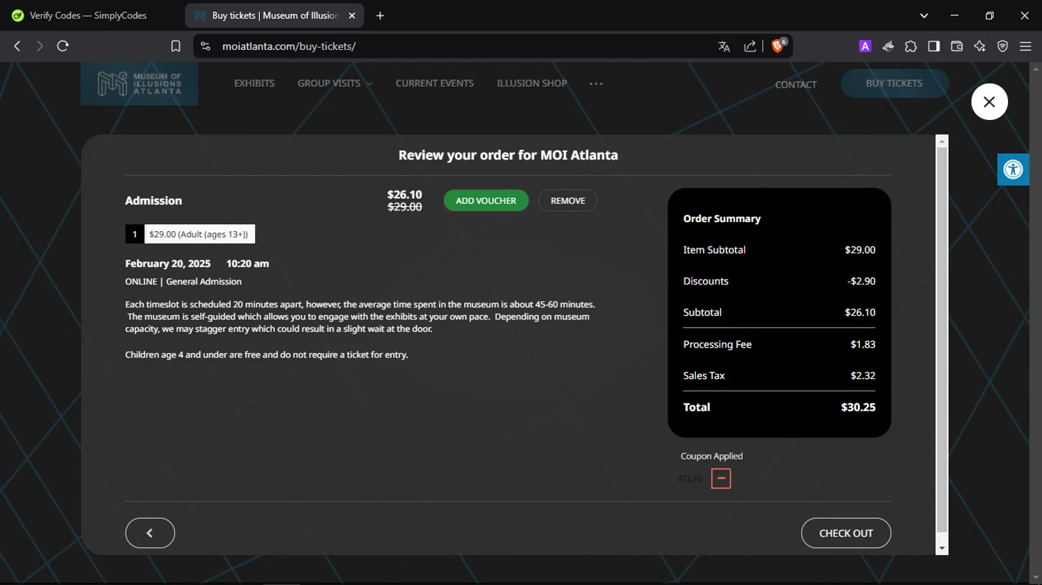 Museum of Illusions Atlanta checkout page showing Museum of Illusions Atlanta promo code box | Screenshot taken by SimplyCodes community member on Feb 20, 2025