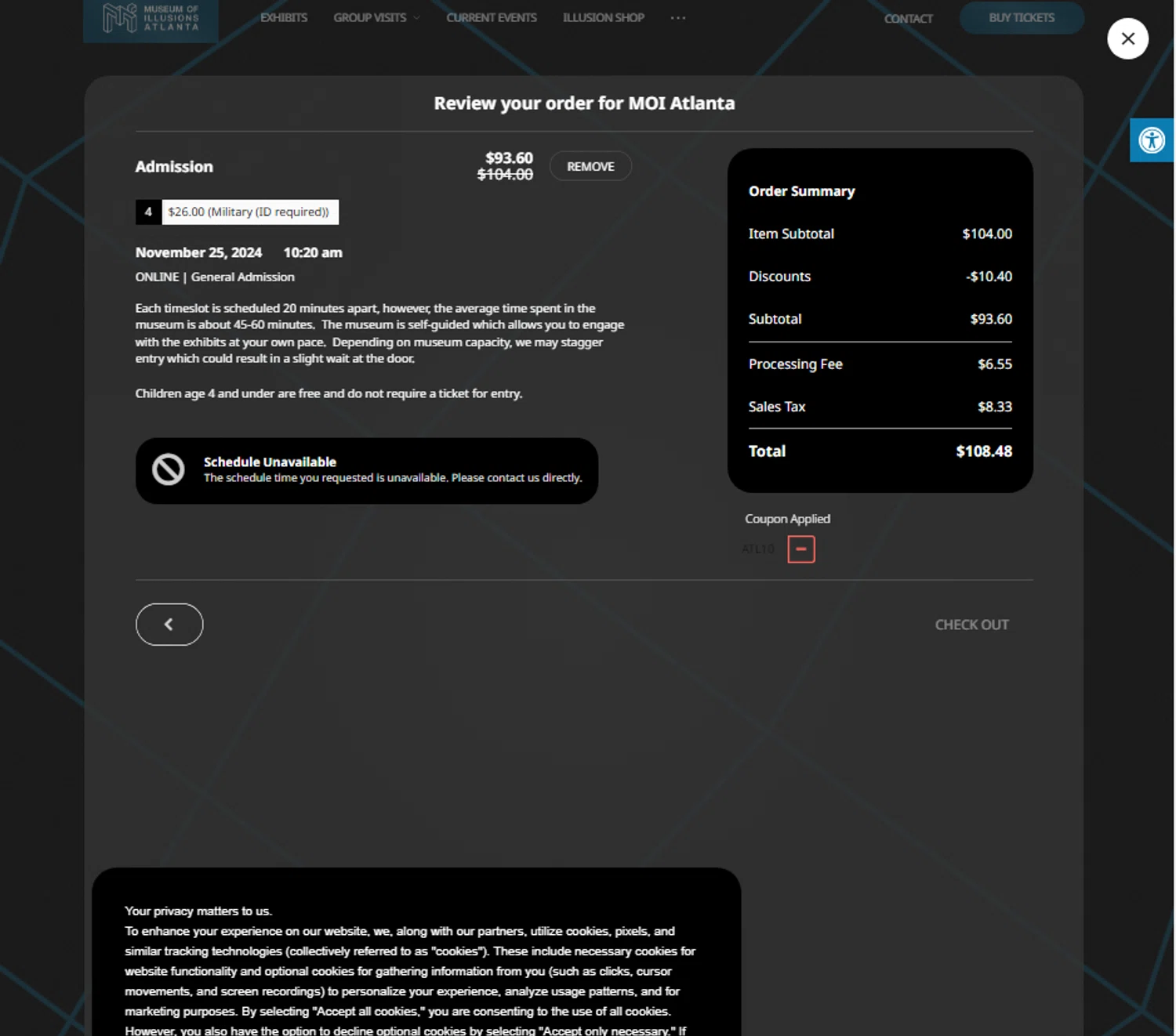 Museum of Illusions Atlanta checkout page showing Museum of Illusions Atlanta promo code box | Screenshot taken by SimplyCodes community member on Feb 20, 2025