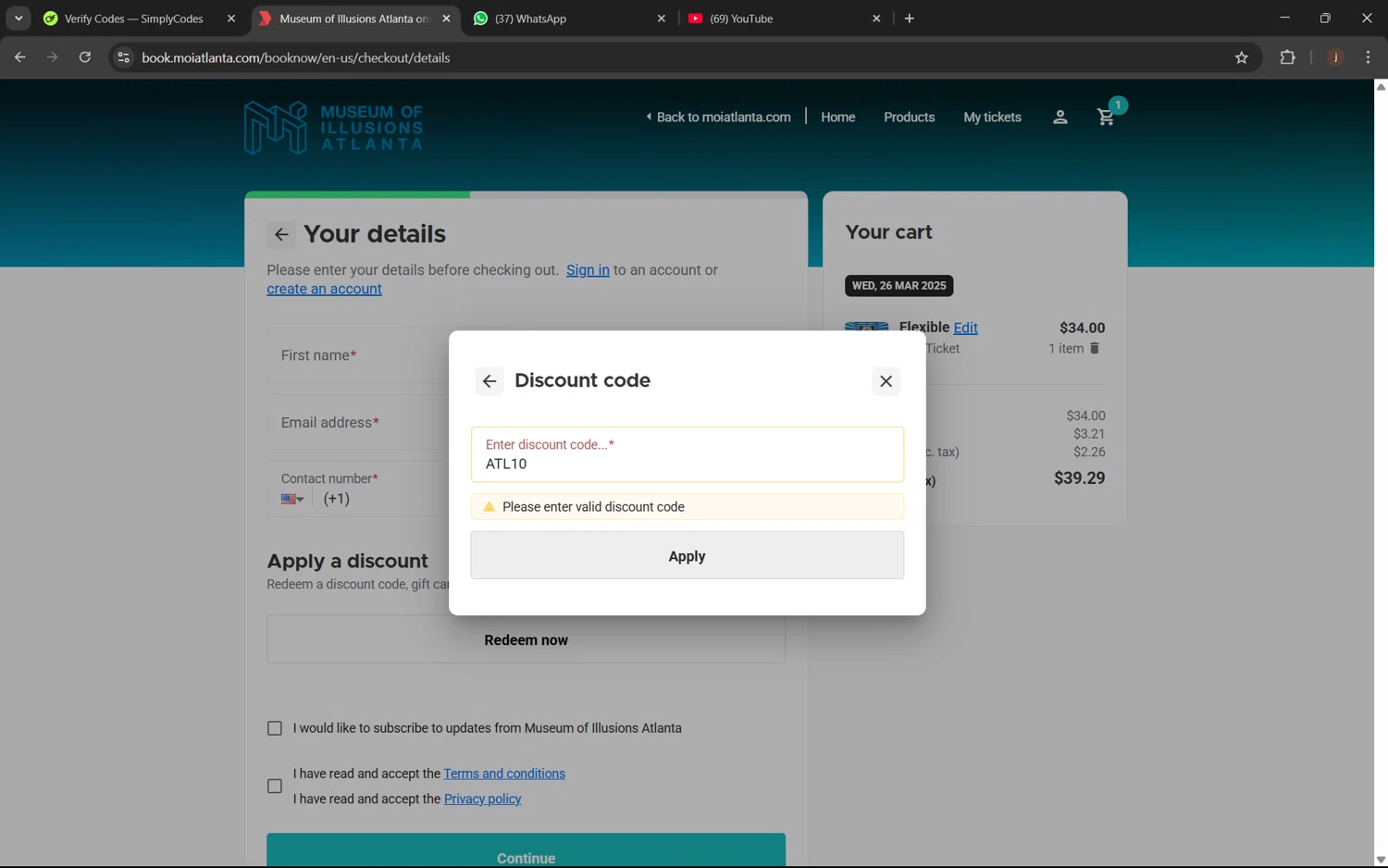 Museum of Illusions Atlanta promo code screenshot showing code ATL10 applied at Museum of Illusions Atlanta checkout page. Uploaded by SimplyCodes community member juanx1702 on Mar 21, 2025