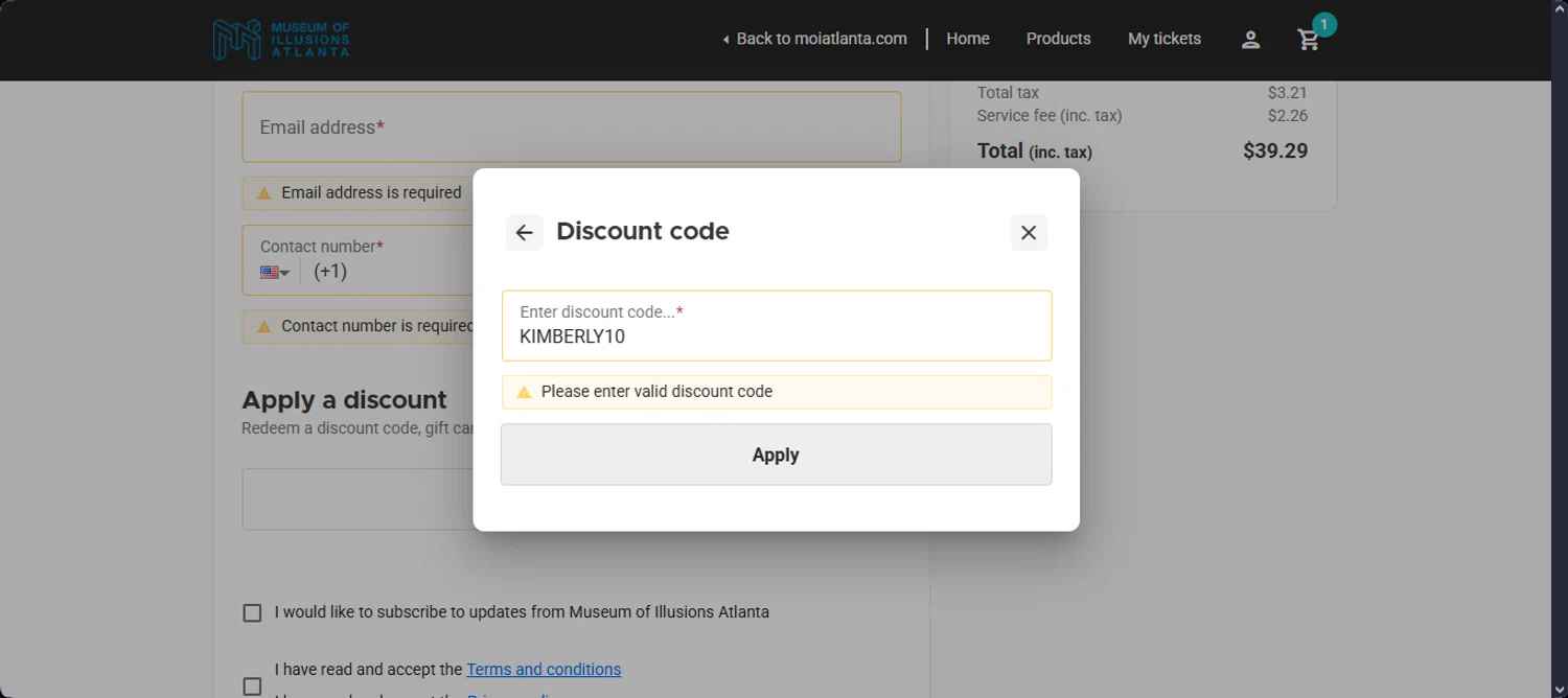 Museum of Illusions Atlanta promo code screenshot showing code KIMBERLY10 applied at Museum of Illusions Atlanta checkout page. Uploaded by SimplyCodes community member Santi_ago on Mar 21, 2025