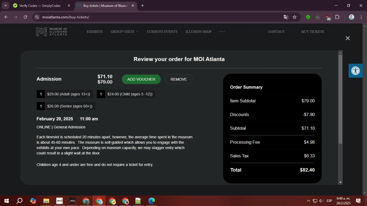 Museum of Illusions Atlanta checkout page showing Museum of Illusions Atlanta promo code box | Screenshot taken by SimplyCodes community member on Feb 20, 2025