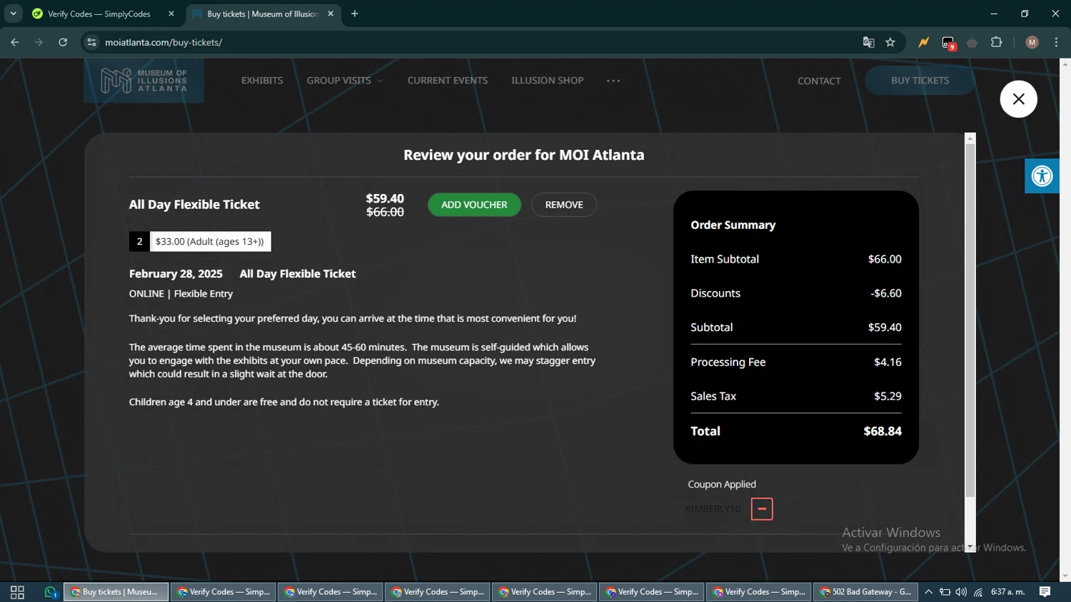 Museum of Illusions Atlanta checkout page showing Museum of Illusions Atlanta promo code box | Screenshot taken by SimplyCodes community member on Feb 20, 2025
