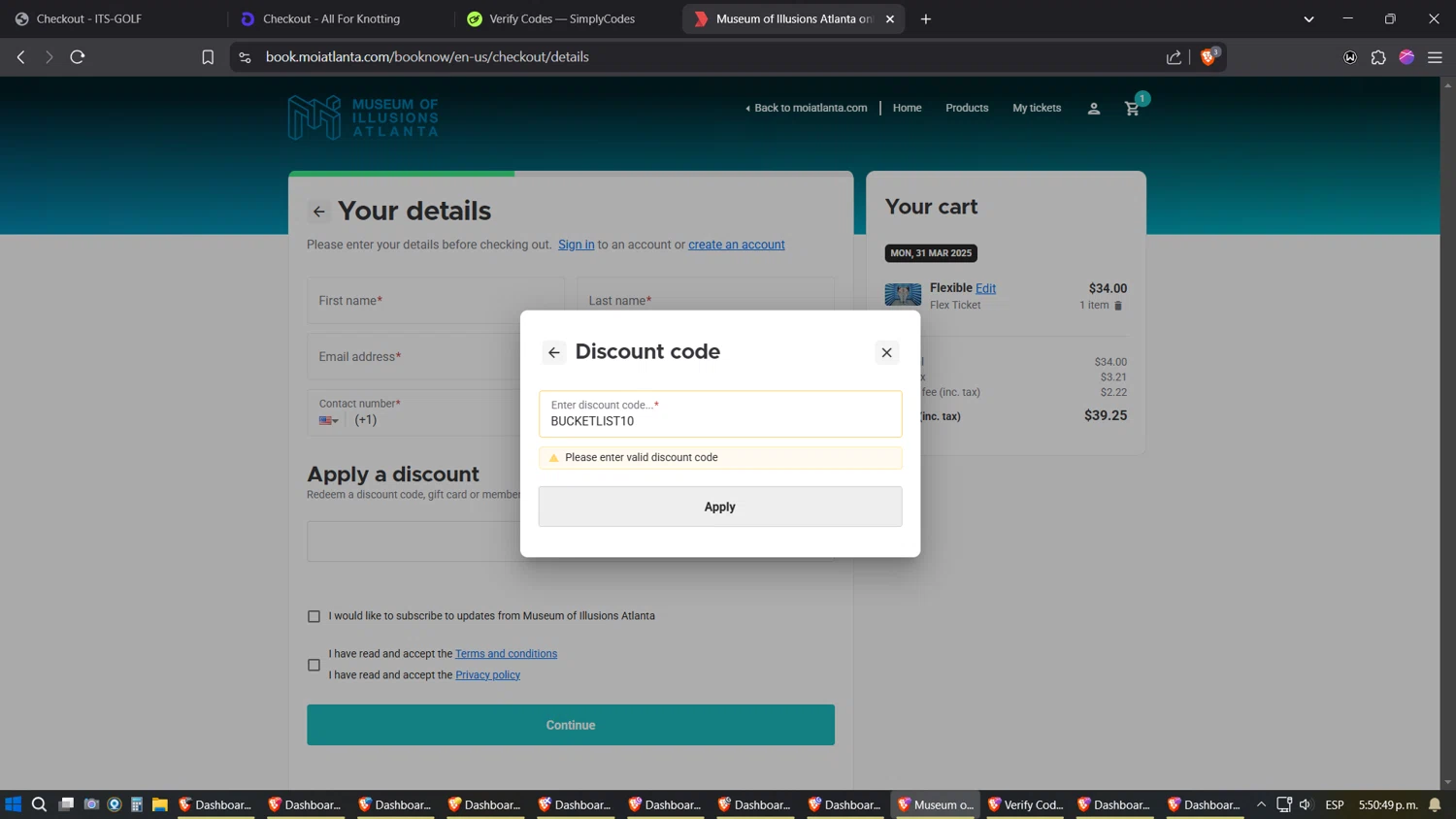 Museum of Illusions Atlanta promo code screenshot showing code BUCKETLIST10 applied at Museum of Illusions Atlanta checkout page. Uploaded by SimplyCodes community member TreasureExpert3303 on Mar 30, 2025