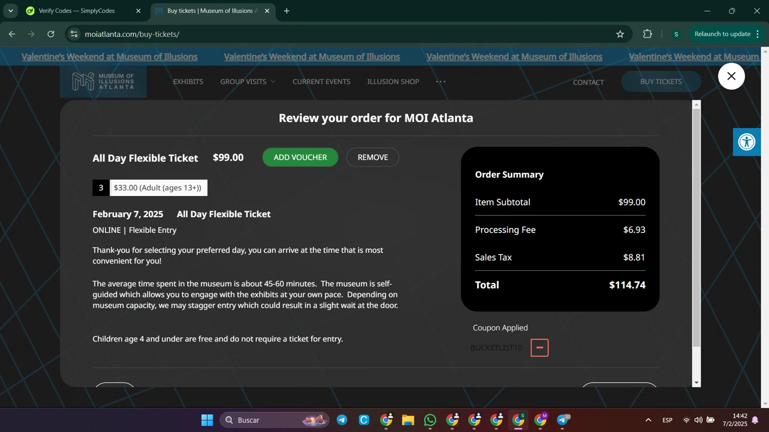 Museum of Illusions Atlanta checkout page showing Museum of Illusions Atlanta promo code box | Screenshot taken by SimplyCodes community member on Feb 7, 2025