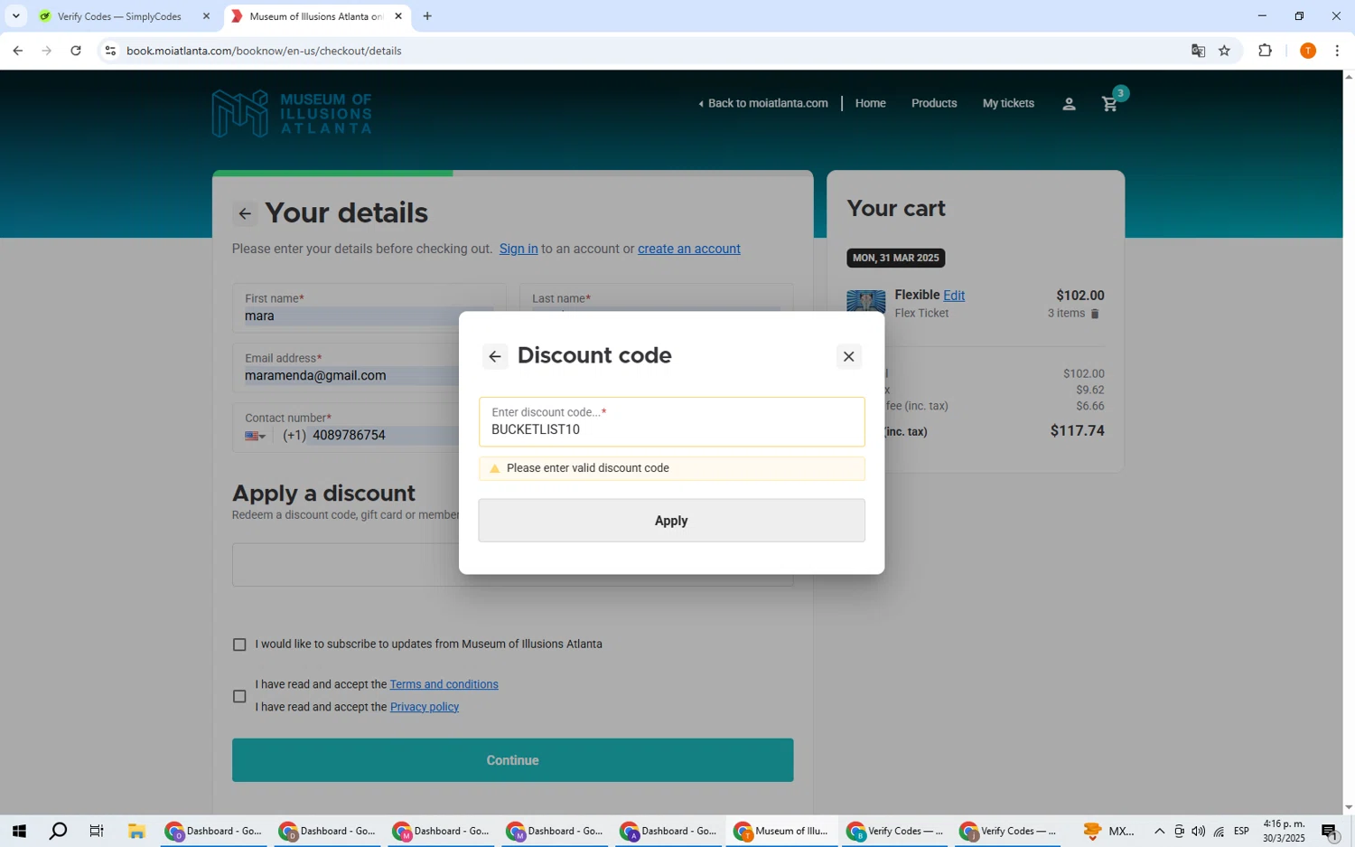Museum of Illusions Atlanta promo code screenshot showing code BUCKETLIST10 applied at Museum of Illusions Atlanta checkout page. Uploaded by SimplyCodes community member EpicHero3141 on Mar 30, 2025