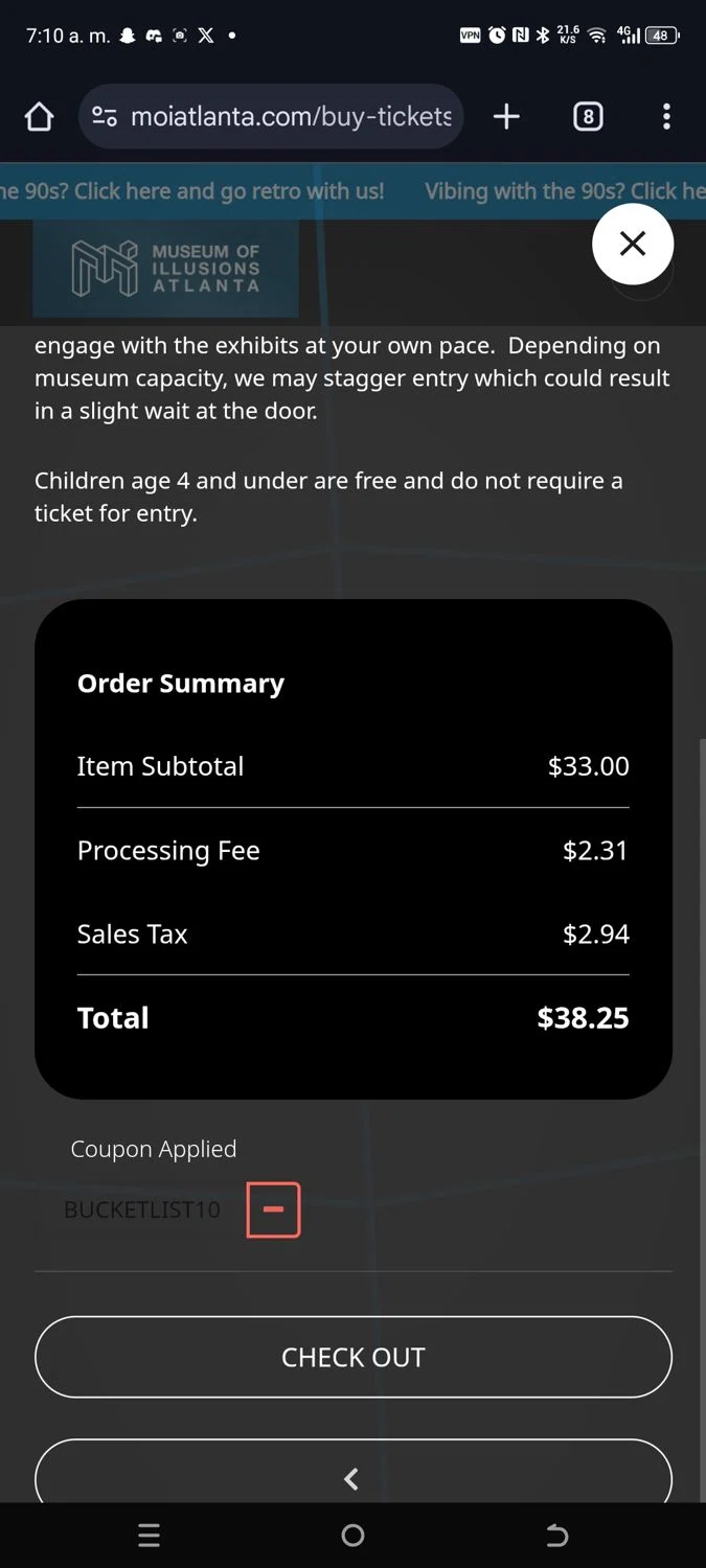 Museum of Illusions Atlanta checkout page showing Museum of Illusions Atlanta promo code box | Screenshot taken by SimplyCodes community member on Mar 8, 2025